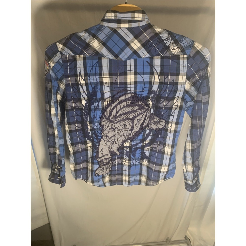 Ed Hardy Long Sleeve Shirt Mens L Pearl Snap Plaid Flannel Patch Embroidered